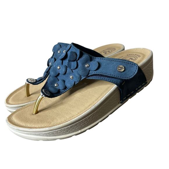 Fly Flot Sandals Size 39/US 7 Blue Floral Toe Post Platform Comfort - Picture 3 of 6